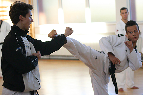 Daniel Albrecht (l.) vermittelt Einschrittkämpfe, die für Taekwondo-Shows optimiert sind